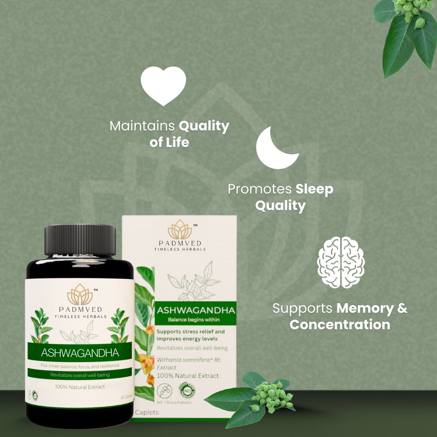 Padmved Ashwagandha | Natural Stress Support, Energy & Immunity Booster | 100% Natural Extract | 60 Vegan Tablets