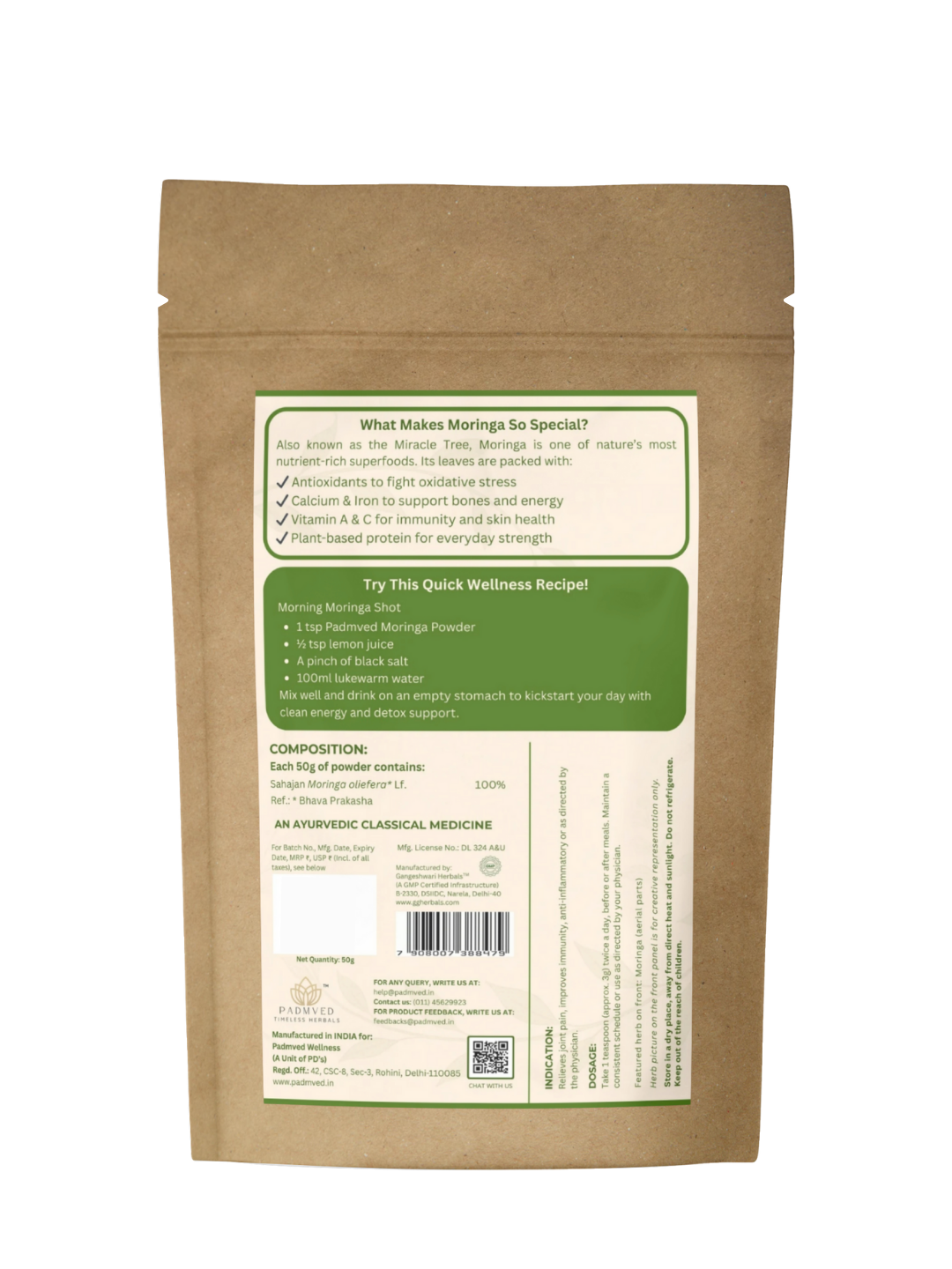 Padmved Moringa Powder Pack of 5 (50g Each) | Bhavana Processed for Higher Potency | Zipper Pouch | Superfood for Daily Energy & Immunity