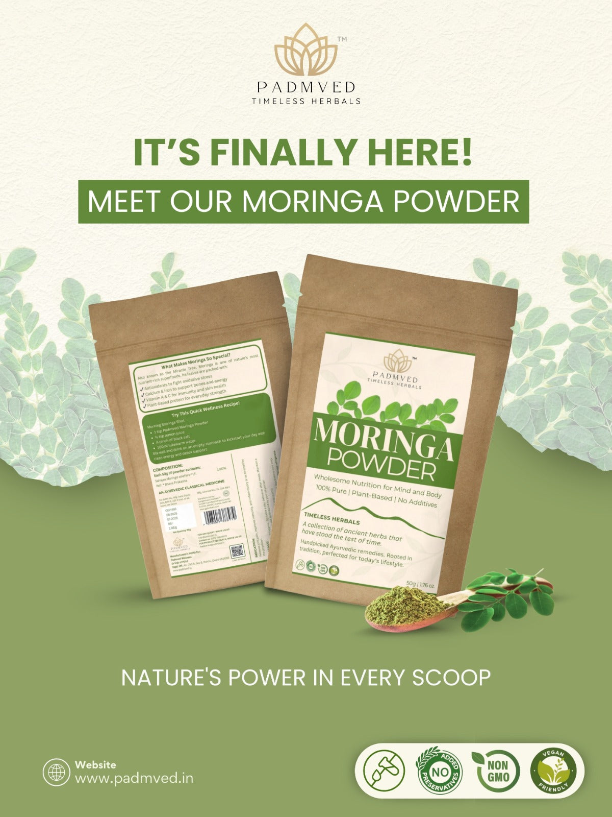 Padmved Moringa Powder Pack of 5 (50g Each) | Bhavana Processed for Higher Potency | Zipper Pouch | Superfood for Daily Energy & Immunity