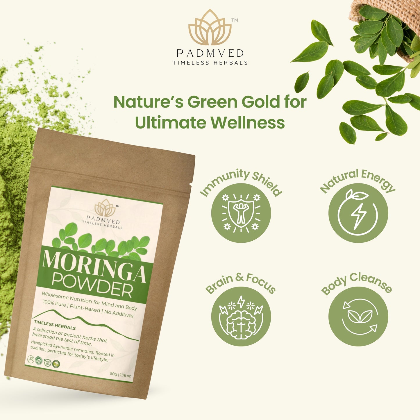 Padmved Moringa Powder Pack of 5 (50g Each) | Bhavana Processed for Higher Potency | Zipper Pouch | Superfood for Daily Energy & Immunity