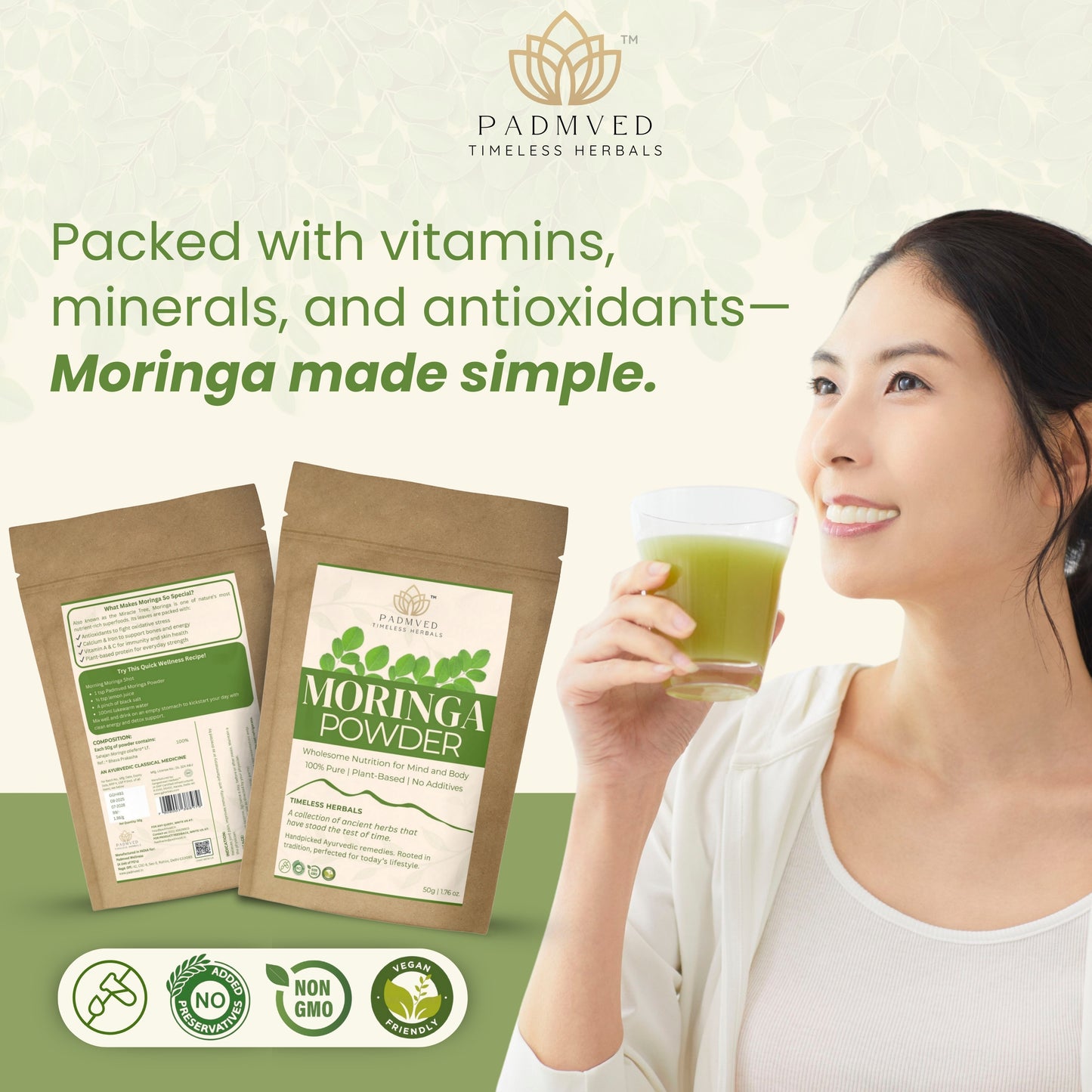 Padmved Moringa Powder Pack of 5 (50g Each) | Bhavana Processed for Higher Potency | Zipper Pouch | Superfood for Daily Energy & Immunity
