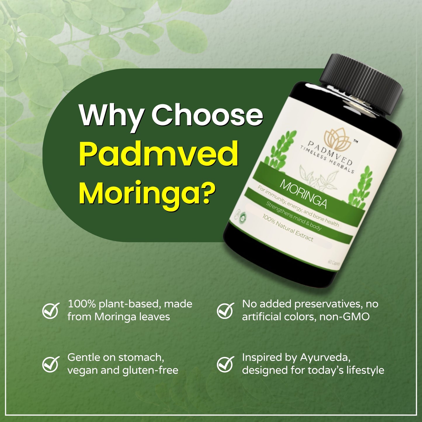 Padmved Moringa | Bone & Joint Wellness, Immunity Booster & Antioxidant Support | 100% Natural Extract | 60 Vegan Tablets