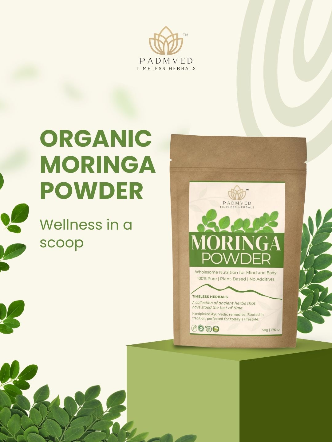 Padmved Moringa Powder Pack of 5 (50g Each) | Bhavana Processed for Higher Potency | Zipper Pouch | Superfood for Daily Energy & Immunity
